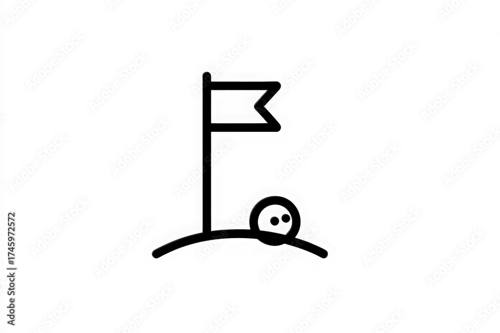 A black outline illustration shows a small round character resting on a hill with a simple flag raised. The design is minimalistic and conveys a sense of adventure and exploration.