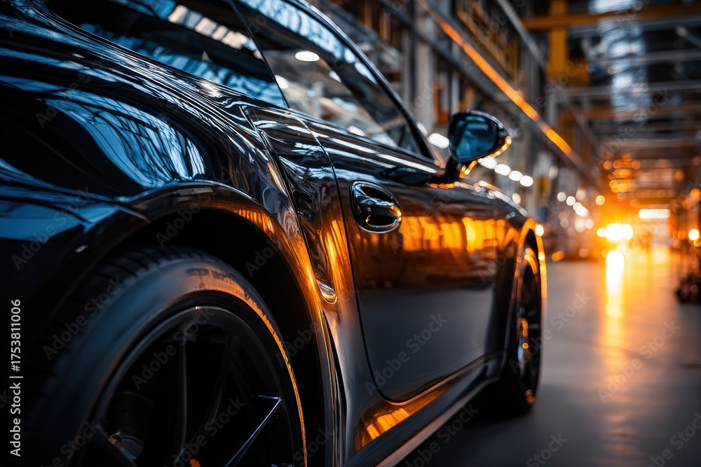 A black sports car is parked in a modern industrial area. Warm light spills through large windows, highlighting the sleek lines and shiny surface of the vehicle, creating a dramatic atmosphere.