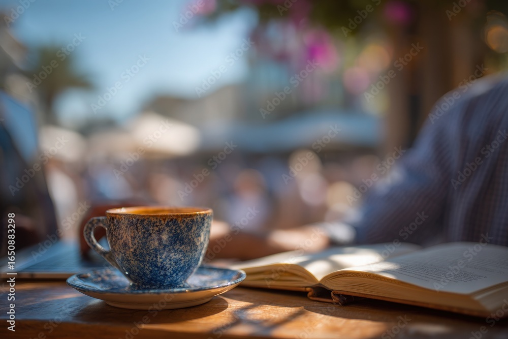A blue coffee cup sits on a saucer beside an open book on a wooden table. People can be seen socializing in the background, under a bright sky filled with flowers.