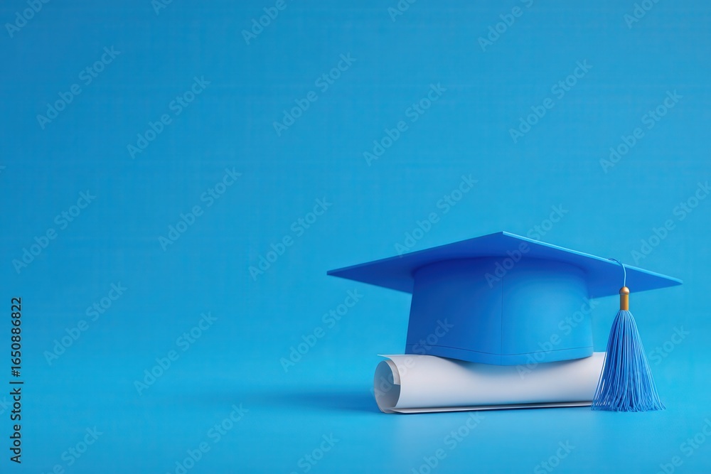 A blue graduation cap rests atop a rolled diploma on a solid blue background, symbolizing academic success and celebration. The tassel hangs down, adding to the festive atmosphere.