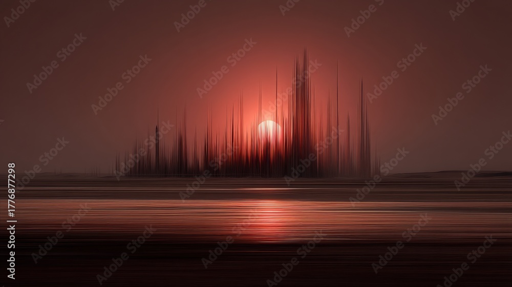 A breathtaking sunset casts an orange glow over a unique landscape of tall, thin structures rising from the ground. The sun sets softly in the background, creating a serene atmosphere.