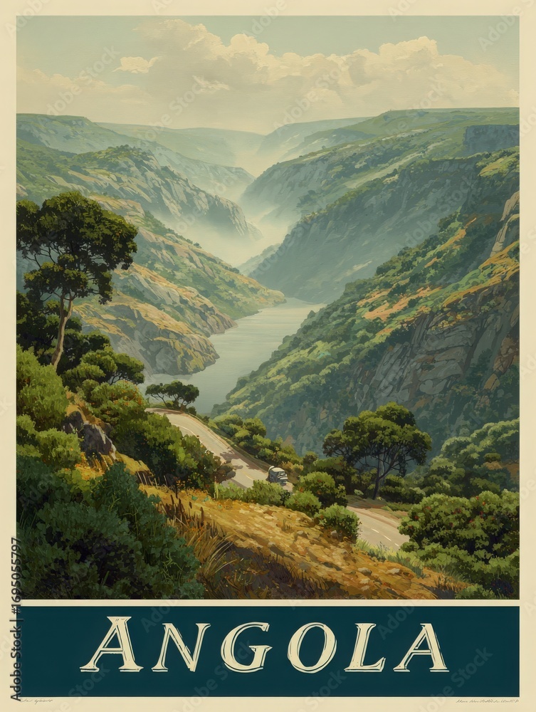 A breathtaking view captures Angolas mountainous terrain with a winding road beside a river. Lush greenery envelops the hills under a serene sky. This picturesque landscape invites exploration.