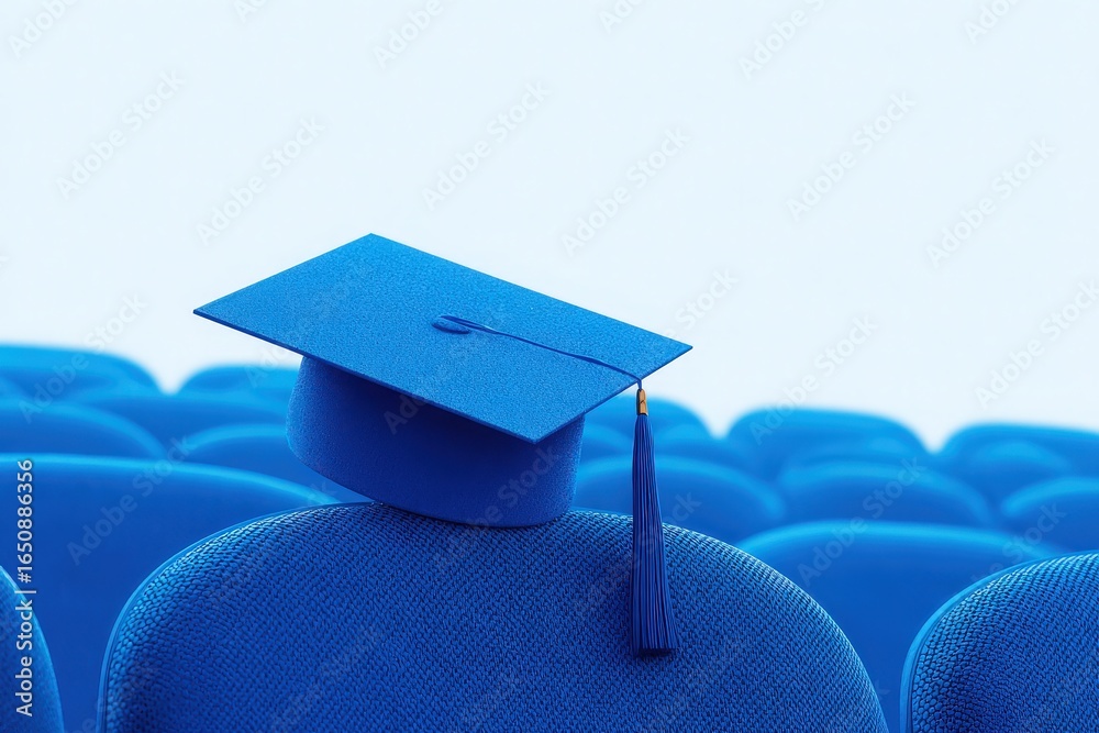 A bright blue graduation cap sits atop a blue chair, awaiting a ceremony in a spacious auditorium. The chairs are arranged in neat rows, creating an atmosphere of anticipation and celebration.