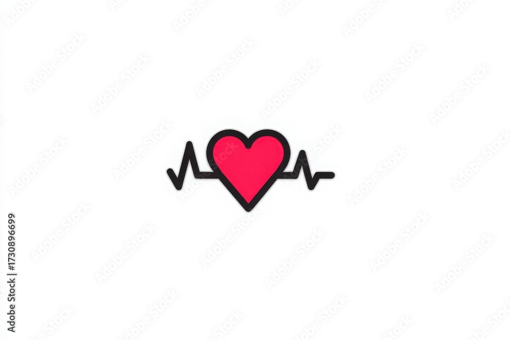 A bright red heart shape is placed against a light background. Below the heart, a simple electrocardiogram line shows heartbeat patterns. This design emphasizes health and wellness.