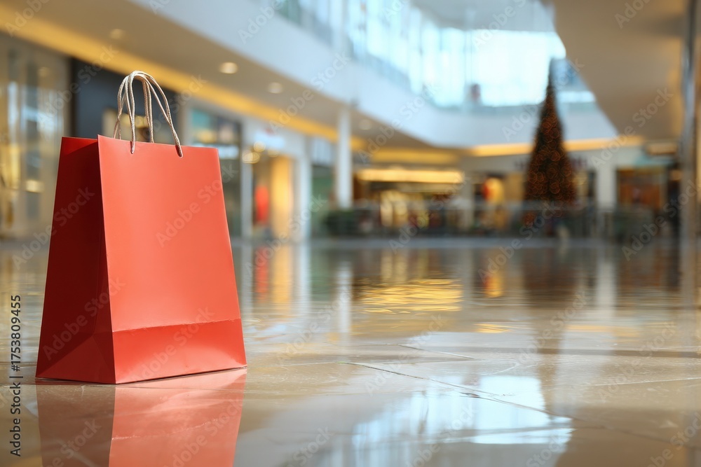 A bright red shopping bag sits on a polished floor inside a contemporary shopping mall. The festive atmosphere is enhanced by soft lighting and holiday decorations in the background.