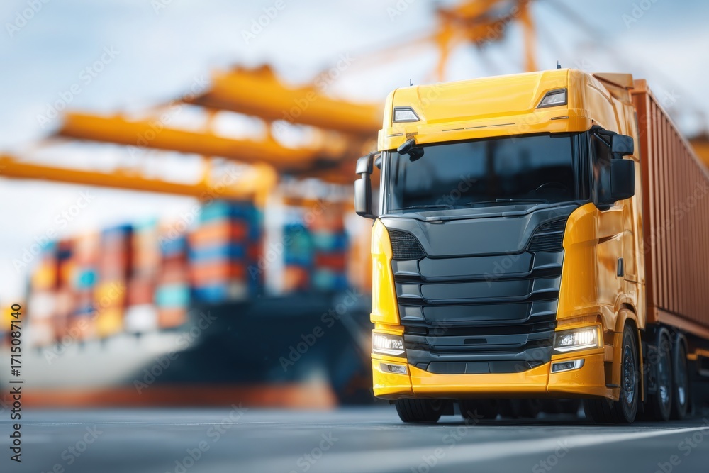 A bright yellow truck is positioned in the foreground, ready to transport goods. In the background, colorful shipping containers are stacked at a busy port with cranes in action.