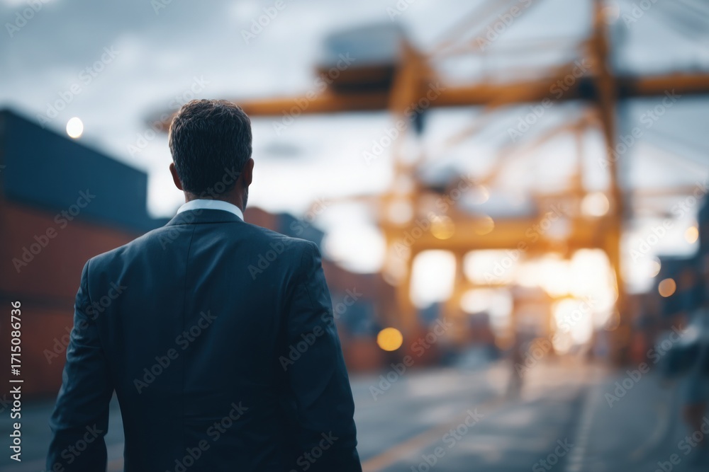 A business professional in a suit walks towards a bustling shipping port at sunset. Large cranes and containers are visible, creating a vibrant atmosphere of industry and commerce.