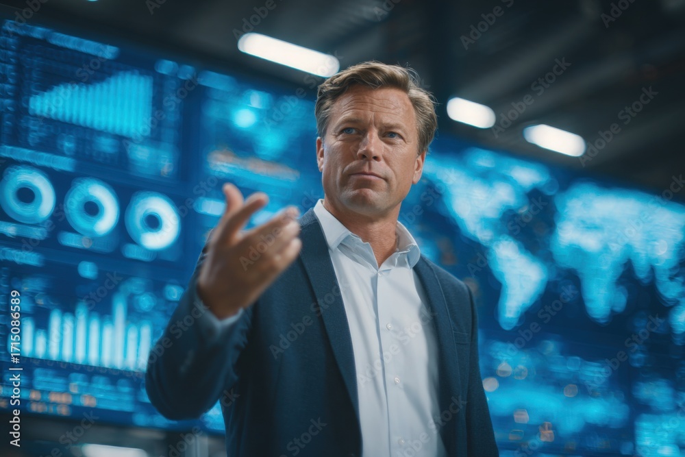 A business professional presents important data insights in a modern office. He gestures towards large digital screens displaying graphs and charts, emphasizing key points.