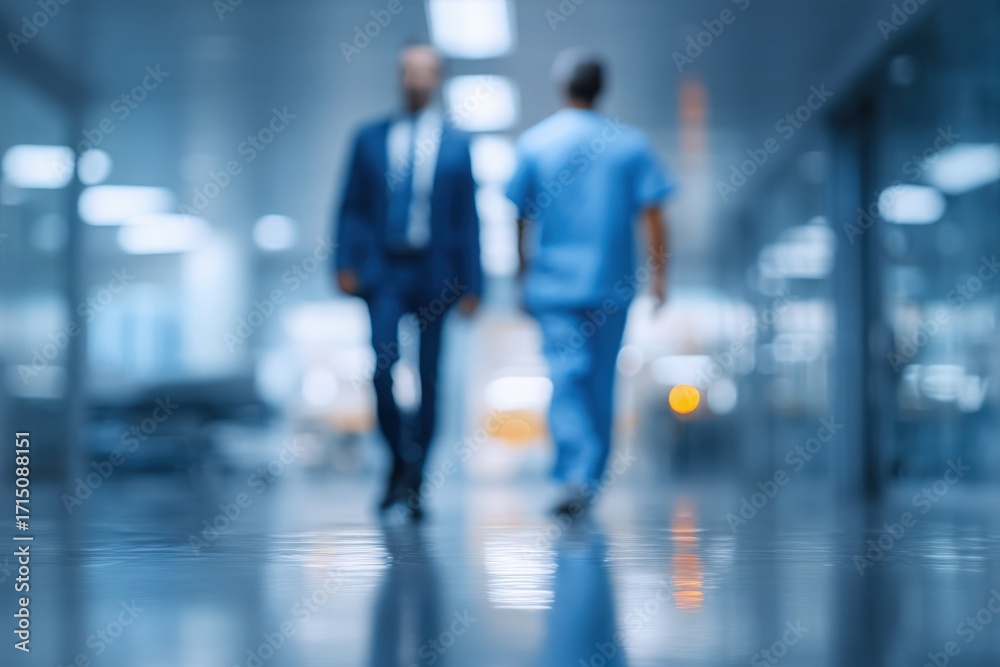 A businessman in a suit walks through a modern hospital corridor while a healthcare worker in scrubs heads in the opposite direction. The hallway is bright and busy with activity.