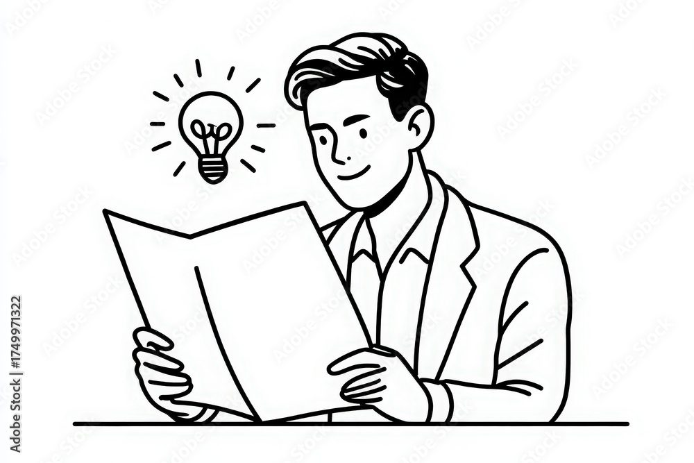 A businessman sits at a table, focused on reading a document. A light bulb symbol above his head suggests he is having new ideas for projects. The setting conveys creativity and inspiration.
