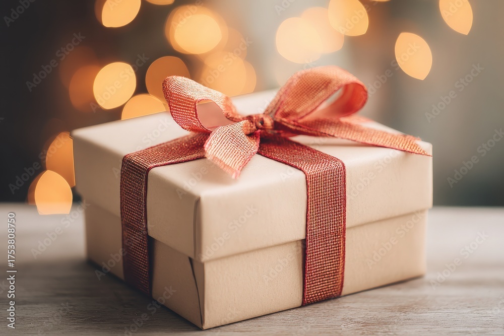 A carefully wrapped gift box sits on a wooden surface. The box is adorned with a soft, rust-colored ribbon. Soft bokeh lights create a warm, festive atmosphere in the background.