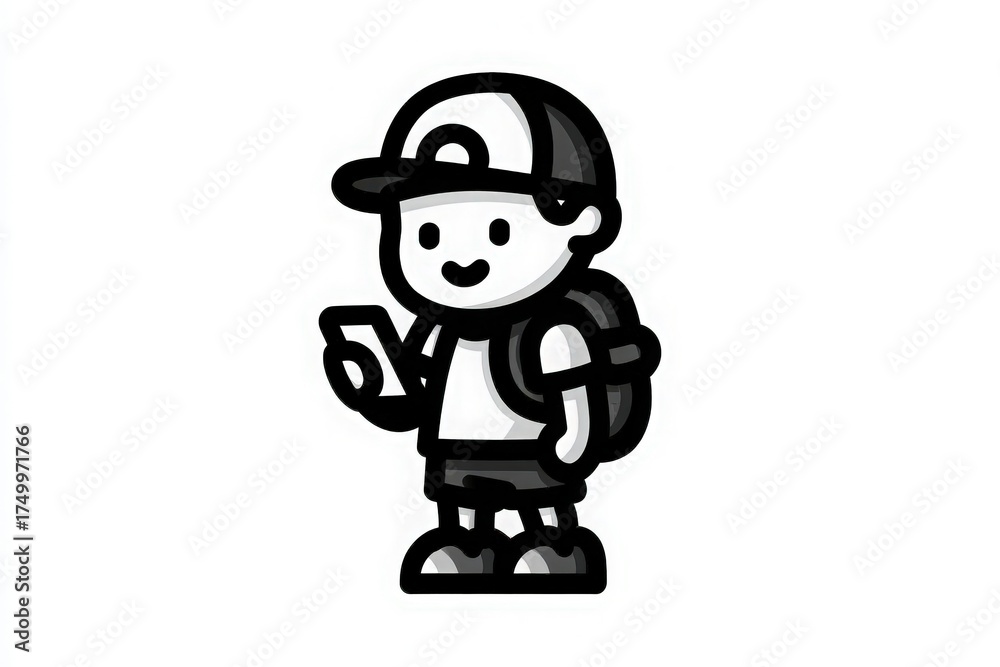 A cartoon character stands smiling, holding a smartphone. Dressed in a cap, t-shirt, and shorts, the character has a backpack and exudes a cheerful vibe. This design is bright and engaging.