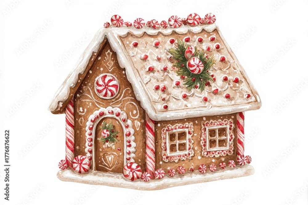 A charming gingerbread house features colorful candy decorations and icing. This festive creation has a sweet design with a roof adorned with peppermint candies. Perfect for holiday joy.