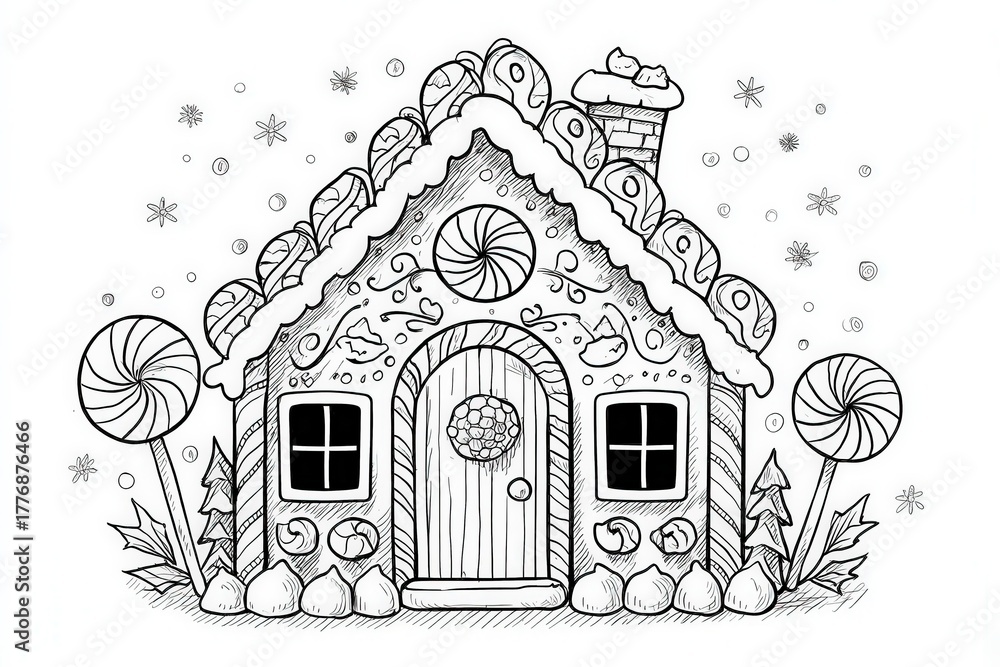 A charming gingerbread house features colorful candy trims, a festive wreath on the door, and snow-covered roofs. The surroundings include giant lollipops and whimsical snowflakes falling gently.