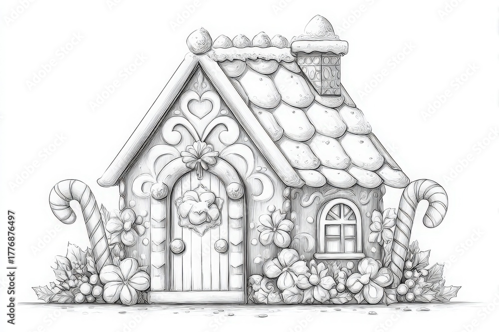 A charming gingerbread house sits amidst candy canes and various flowers. The whimsical structure features a detailed roof and door, showcasing a colorful, fantasy-inspired design.