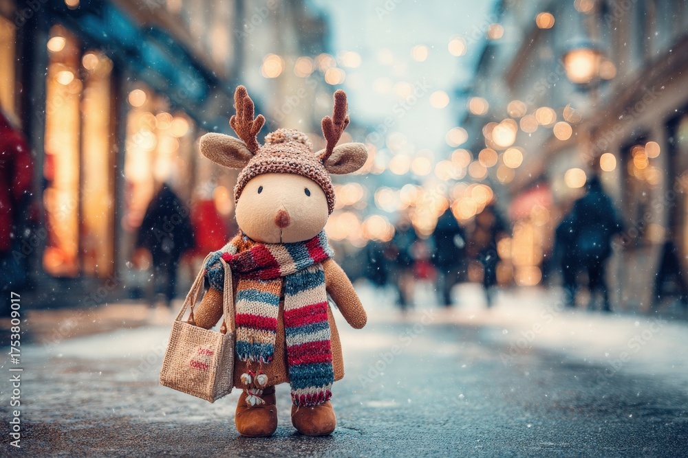 A charming reindeer doll dressed in a knitted hat and colorful scarf holds a shopping bag in a lively winter street. People walk by, and festive lights twinkle in the background.