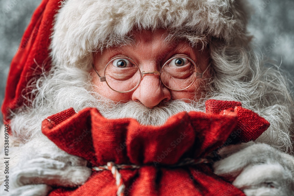 A cheerful Santa Claus, dressed in traditional festive attire, holds a large red sack. With bright eyes and a warm smile, he embodies the spirit of joy and giving during the holiday season.