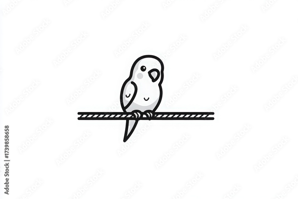 A cheerful budgie is perched on a thin line in a minimalist style. Its cute features are outlined clearly, showcasing its playful demeanor. The design emphasizes the birds charm with simplicity.