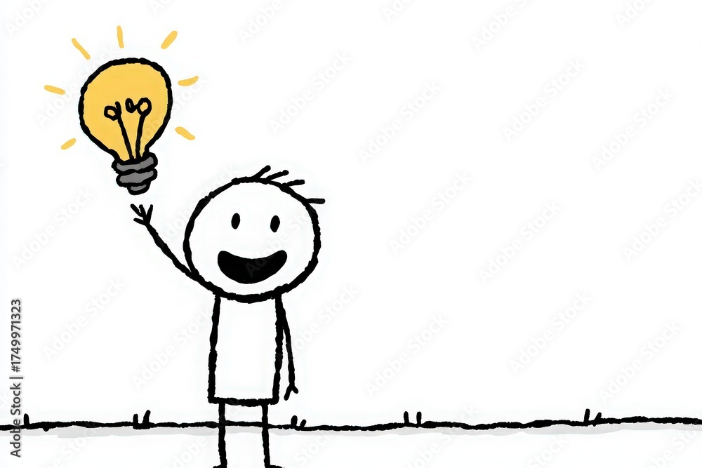 A cheerful character stands on a simple line, raising a glowing light bulb above their head. They appear excited, symbolizing an idea or inspiration.