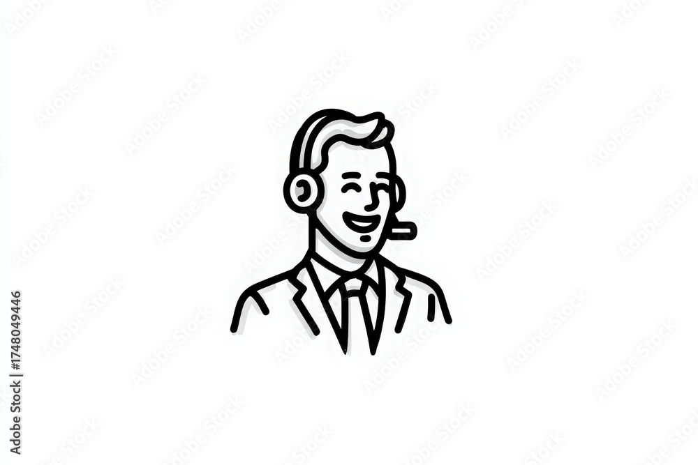 A cheerful man in a suit is wearing a headset while smiling. He appears to be ready to assist customers in a professional environment, showcasing an engaging demeanor.