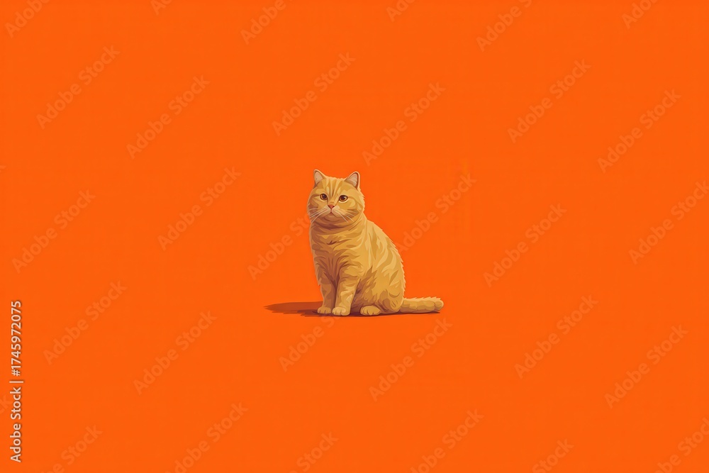 A cheerful orange cat sits calmly in front of a bright orange background. Its friendly expression and relaxed pose create a warm atmosphere, perfect for animal lovers.