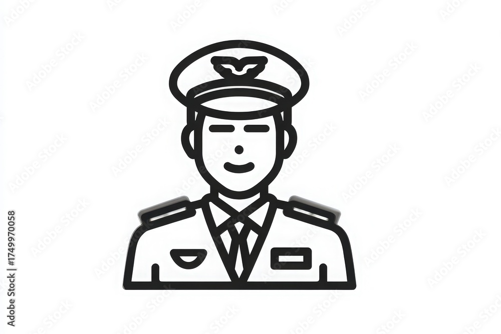 A cheerful pilot character in a uniform with a cap stands confidently. The character embodies the spirit of aviation, showcasing a professional appearance and friendly demeanor.