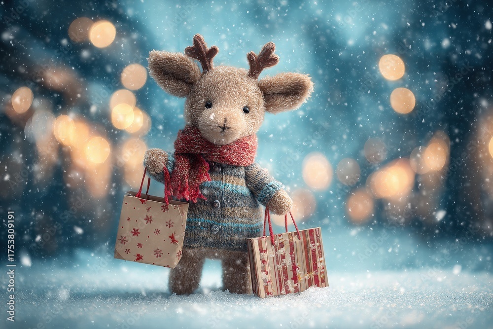 A cheerful reindeer plush character holds colorful holiday gift bags while standing in a snowy setting. Soft snowflakes fall around, and warm lights create a cozy, festive atmosphere.