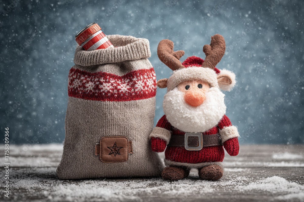 A cheerful toy Santa stands next to a knitted gift bag with a candy cane peeking out. Snowflakes gently fall in the background, creating a cozy holiday atmosphere.