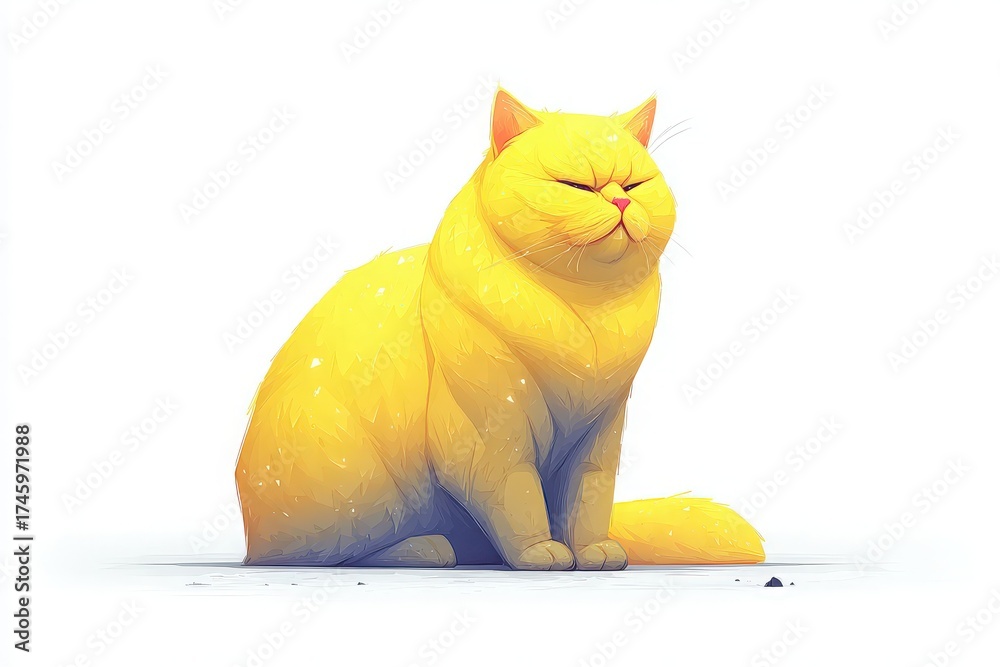 A cheerful yellow cat sits upright with a satisfied expression. The background is simple and uncluttered, highlighting the cats vibrant color and relaxed demeanor in a calm environment.