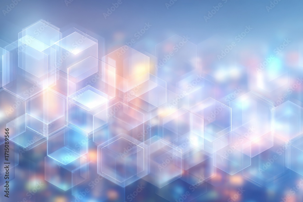 A city skyline is softly blurred, featuring a variety of illuminated buildings under a night sky. Geometric shapes float over the scene, adding an abstract and modern feel to the urban view.