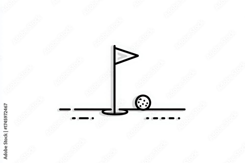 A clean and minimal illustration shows a golf hole with a flag next to it and a golf ball positioned nearby. The scene depicts a common moment in the game of golf on a well-kept green.