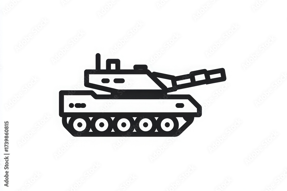 A clean and minimalist illustration of a military tank showcasing its profile. The tank features a turret and tracks, representing armored combat vehicles typically used in modern warfare.