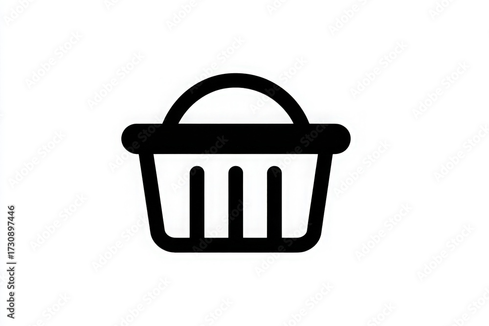 A clean black outline of a shopping basket is displayed against a plain white background, representing shopping and commerce. The design is minimalistic and easy to recognize.