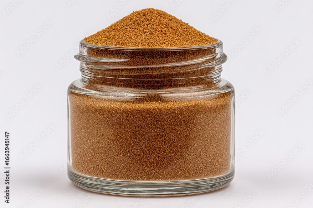 A clear glass jar filled with a finely textured brown powder sits against a white background. This ingredient is commonly used in cooking and baking, enhancing flavors in various dishes.