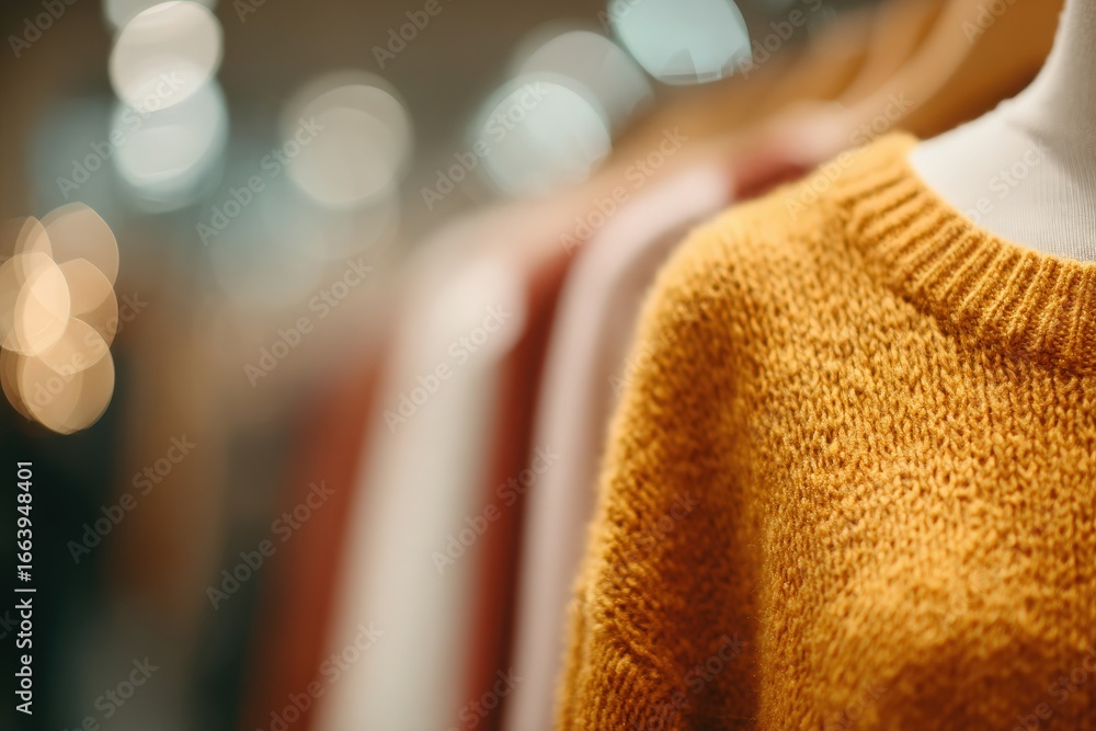 A close-up view highlights a cozy yellow sweater on a mannequin, with blurred clothing items in warm tones in the background. The boutique setting creates a welcoming shopping atmosphere.