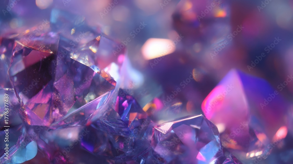 A close-up view of a cluster of colorful crystals reveals vibrant hues of purple and blue reflecting light.