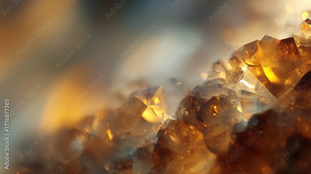 A close-up view of amber crystals shows their intricate shapes and warm colors. The sparkling facets reflect light beautifully, highlighting the minerals natural charm and elegance.