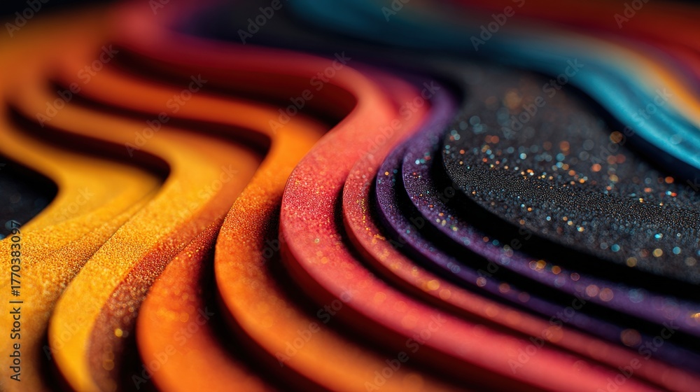A close-up view reveals vibrant layers of colored material arranged in flowing waves. The colors blend seamlessly from orange to purple, with subtle glitter adding a dazzling effect.