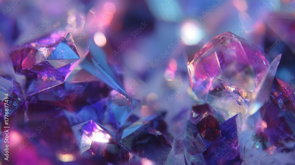 A close-up view showcases a collection of crystals that reflect a variety of colors. The rich purples and blues enhance their faceted surfaces, creating a dazzling display.