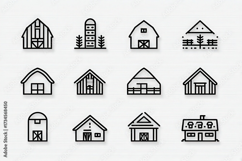 A collection of 12 simple line drawings showcasing different barn and farmhouse designs. Each illustration features unique characteristics and is arranged in a clean grid.