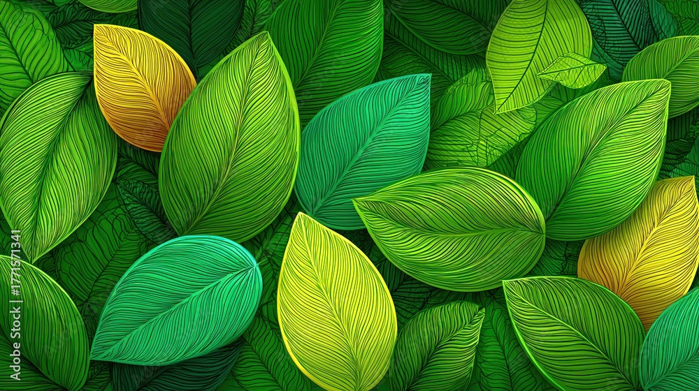 A collection of green and yellow leaves fills the frame, showcasing various shapes and textures. The leaves create a rich, layered look, highlighting a close-up view of natures beauty.