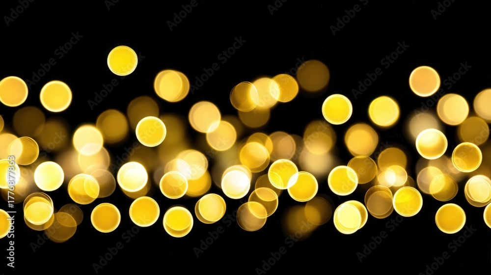 A collection of soft golden bokeh lights shines against a dark background, creating a magical and inviting feel. These lights add warmth and charm to any evening setup or celebration.