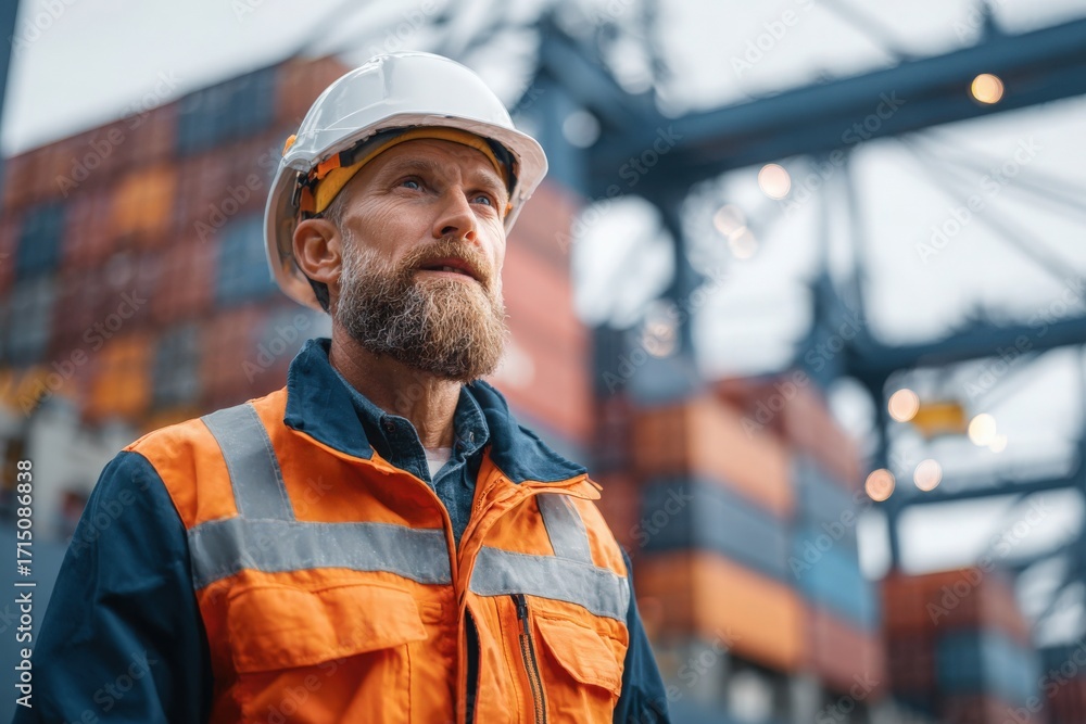 A construction worker stands confidently at a shipping dock, wearing a hard hat and safety gear.
