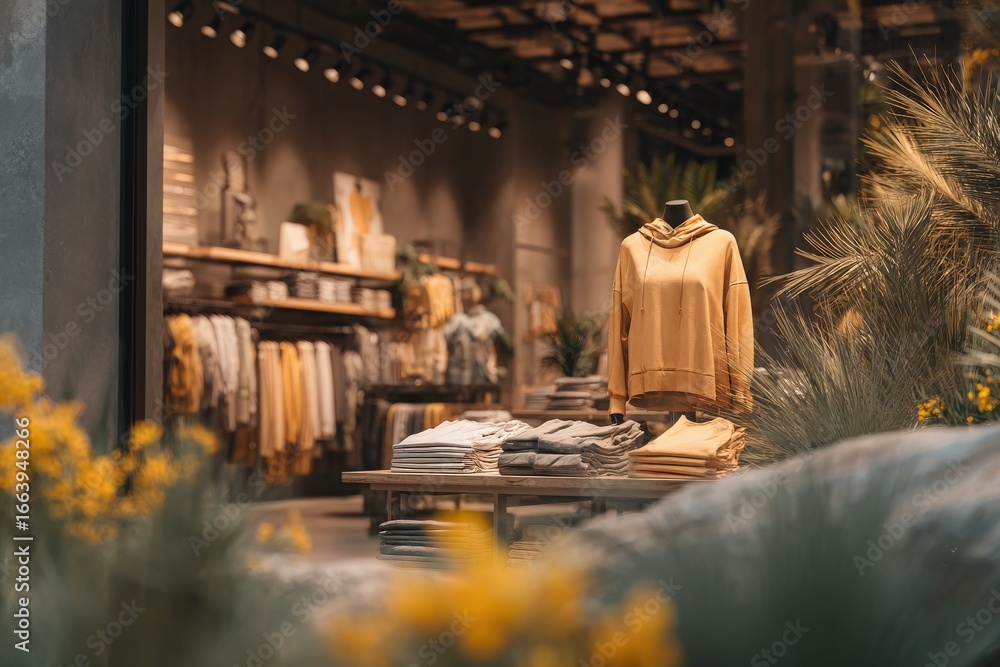 A contemporary store displays casual apparel on racks and tables. A warm yellow hoodie is featured prominently, surrounded by soft hues and stylish designs, creating a welcoming shopping atmosphere.