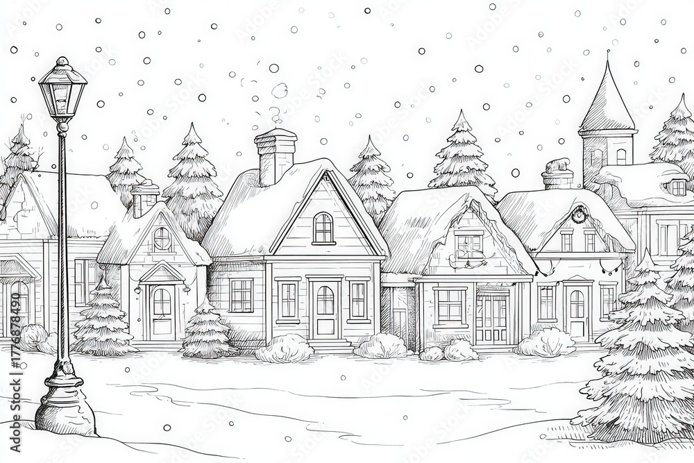 A cozy village is blanketed in snow, showcasing detailed houses surrounded by tall evergreen trees. Soft snowflakes fall gently, creating a serene winter atmosphere.