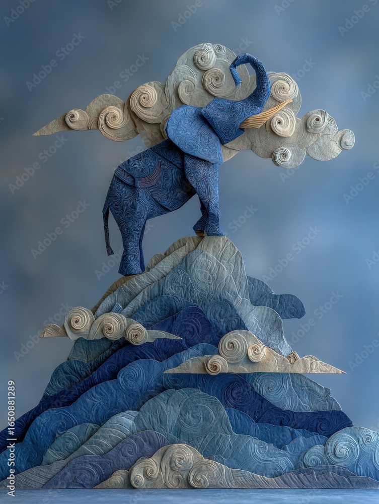 A crafted elephant stands proudly on a mountain peak, with its trunk raised towards the sky. Soft, swirling clouds in shades of blue surround the majestic animal, creating a serene atmosphere.