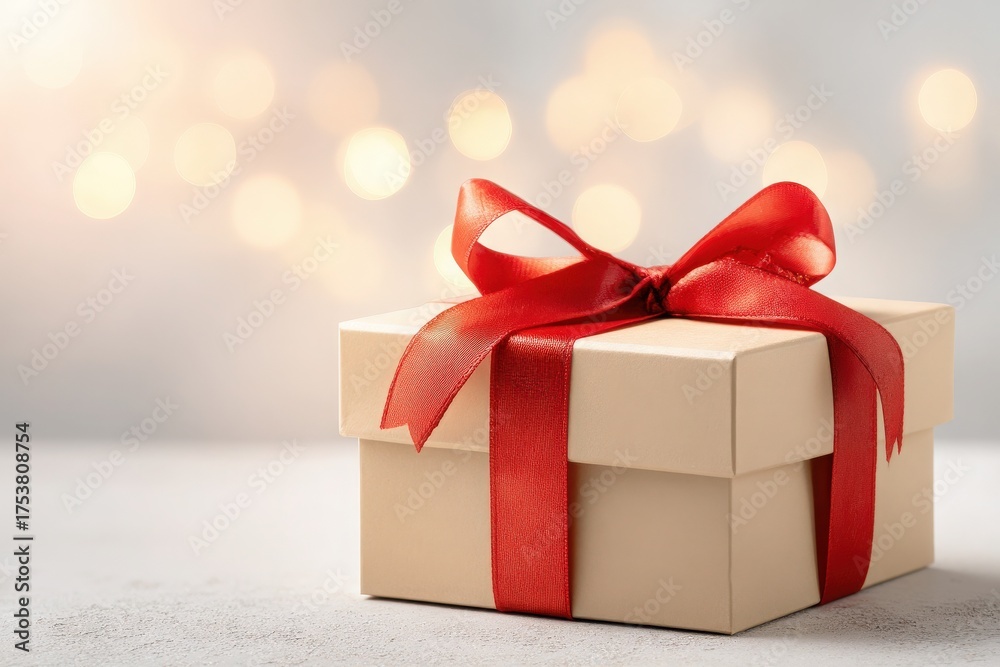 A cream-colored gift box with a shiny red ribbon is placed on a light surface. The background features soft, glowing lights, creating a festive atmosphere perfect for celebrations.