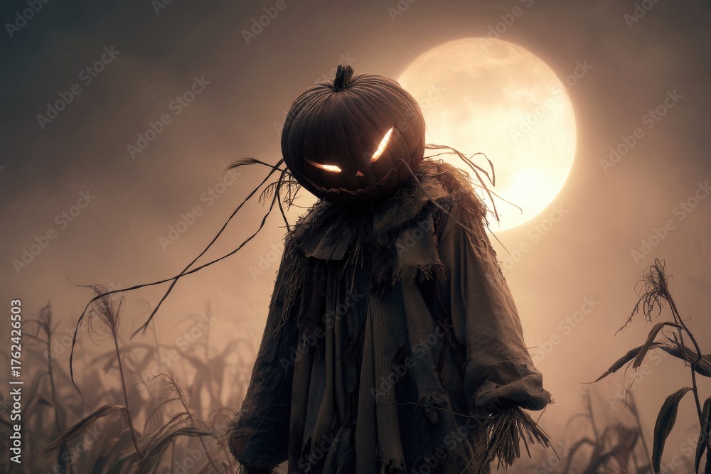 A creepy scarecrow with glowing eyes watches over a dark cornfield. The full moon casts an eerie light, creating a spooky atmosphere filled with mist and shadows around the scarecrow.