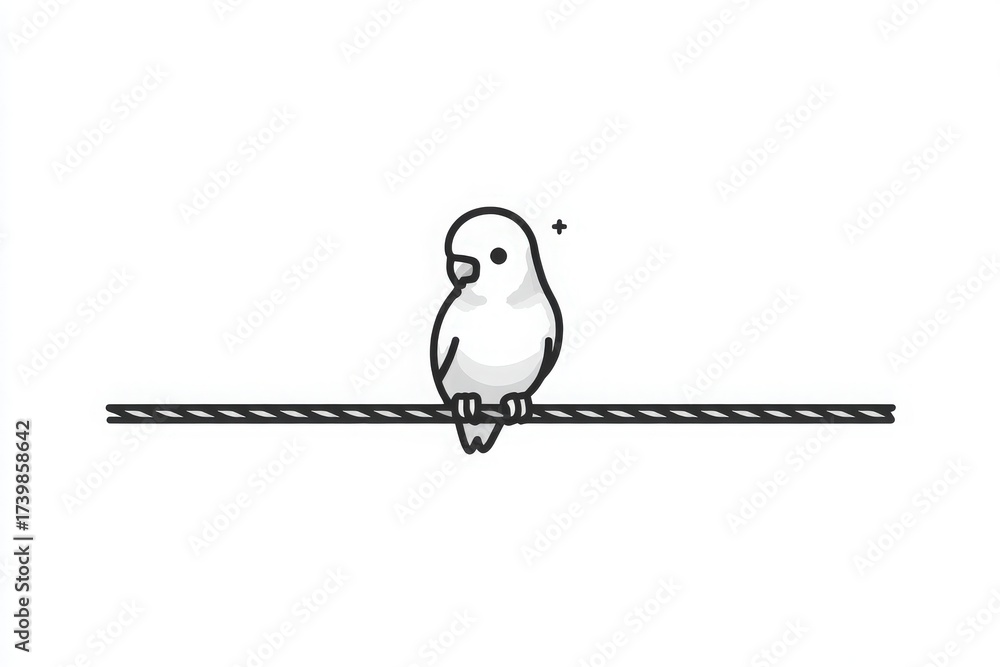 A cute budgie perches on a thin rope in a simple style, showcasing its round body and distinctive features. The background is plain, drawing attention to the birds charming presence.