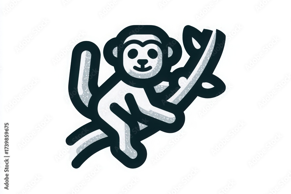 A cute monkey is perched on a branch with leaves, showcasing a simple and playful design. The character appears relaxed and cheerful, capturing a whimsical animal spirit.